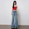Calça Jeans Flare Azul Reto Estilo Retrô Americano para Mulheres, Novo Estilo Primavera/Verão, Cintura Média-Baixa, Caimento Fluido, Emagrecimento, Flare, Comprimento Total