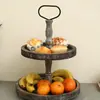 Bandeja Redonda para Pasteles de Madera de Doble Capa Vintage Estante de Almacenamiento para Cocina Doméstica y Restaurante Estante de Exhibición de Frutas y Pan de Madera Maciza