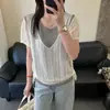 Camiseta Falsa de Dos Piezas de Manga Corta para Mujer 2026 Verano Nuevo Estilo Calado Tejido de Punto Patchwork Asimétrica Camiseta Top Corto