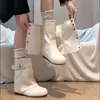 Hebilla de cinturón estilo europeo y americano, botas de montar de color liso para mujer, colección otoño/invierno 2026, punta redonda, realzadoras de altura interior, botines de moda hasta la pantorrilla