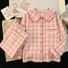 Conjunto de Pijama Rayado Suave Estilo Coreano para Niñas con Cuello de Muñeca Mangas Largas Casual para el Hogar Conjunto de Dos Piezas Venta al por Mayor Transfronteriza