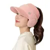 Gorro de Invierno para Mujer con Abertura para Cola de Caballo, Protección para Orejas a Prueba de Viento, Parte Superior Abierta, Gorra Gruesa de Terciopelo Cálida con Visera, Gorro Pequeño de Lana Tejida que Muestra la Cara