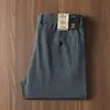 Calça Masculina Jacquard de Algodão e Linho de Alta Qualidade Verão Fina Respirável Cintura Elástica Cordão Estilo Old Money Reto Calça Casual