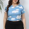 Top Blanco de Talla Grande con Estampado de Nubes Acanalado Corto Transfronterizo Europeo y Americano Casual Manga Corta Crop Top Camiseta 202145