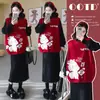 Ropa de Maternidad 2026 Otoño/Invierno Nueva Moda Dibujos Animados Pony Navidad Rojo Año Nuevo Conjunto de Maternidad