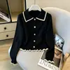 Suéter de punto para mujer estilo francés, otoño e invierno, negro, corte ajustado, manga larga, estilo universitario, camiseta básica, talla única para mujeres petite