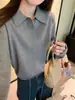 Tecido de fio de núcleo, gola polo estilo coreano mais grossa, suéter de malha com caimento relaxado para mulheres, top solto e que afina