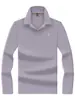 Camisa polo masculina de primavera e outono com design simples de mangas compridas, apresentando logotipos bordados e cor lisa e sólida, adequada para uso business casual.