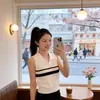 Regata de Tricô Listrada com Gola Polo para Mulheres, Colete Sem Mangas de Verão, Top Curto Justo para Usar por Baixo de um Blazer
