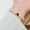 Pulseira de Prata Esterlina S925 com Pérola Shijia Redonda e Contas Cilíndricas de Ágata Vermelha Natural para Mulheres, Casual Versátil, Joia de Mão de Nicho