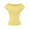 Camiseta básica lisa para mujer, color sólido, estilo básico, cuello barco, elegante, entallada en la cintura, adelgazante, sexy de manga corta, corte ajustado de algodón