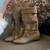 Botas pontudas plissadas e empilhadas estilo deserto, da moda e estilosas, para mulheres, novo modelo 2026, com cadarço, botas versáteis retrô de cowboy western