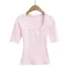M1103-26 Camiseta básica de punto de manga media lisa ajustada estilo coreano de verano con cuello cuadrado