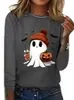 Nova T-shirt Estampada de Manga Longa com Desenho de Fantasma Cartoon para Halloween Feminina Gola Redonda Solta Casual Estilo Outono Inverno