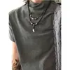 Camiseta curta de tricô slim fit respirável com gola cruzada de um ombro, estilo retrô americano, cor cinza esfumaçado, para homens e mulheres