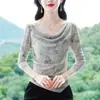 Blusas Femininas 2025 Novo Estilo Outono Ombro Único Assimétrico Gola Fluida Top de Renda Camisa de Manga Longa para Usar por Baixo Camiseta