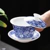 Tigela Gai Sancai Não Quente Giratória Cerâmica Hover Azul e Branco Cerâmica Antiga Tigela de Chá Porcelana Branca de Dehua Porcelana Óssea