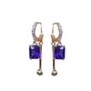 Brincos de Franja de Cristal Roxo de Luxo Leve de Alta Qualidade para Mulheres, Fivela de Orelha Geométrica Totalmente Cravejada Atmosférica, Novos Brincos Elegantes Versáteis