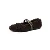 Zapatos Mary Jane de Lana de Cordero para Mujer Zapatos Planos de Piel Otoño e Invierno Nuevos Punta Redonda Hebilla Única Boca Baja Planos Zapatos de Caña Baja Mujer
