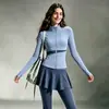 Conjunto de Fitness para Mujer Bloque de Color Cardigan con Cuello Alto Falda-Pantalón Plisada Alta Elasticidad Adelgazante para Carrera Matutina Entrenamiento Yoga Deportes Conjunto de Dos Piezas