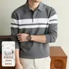 Camisa polo listrada casual de manga comprida do Sudeste Asiático para homens, camisa básica casual com textura grossa, camiseta de outono e inverno com gola de lapela para homens