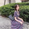 Vestido Floral Talla Grande 2022 para Mujer Verano Morado Manga Abullonada Abertura Retro Francés Vestido Largo Vestido de Hada para Chica Gorda