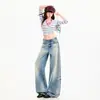 Jeans de pierna ancha para mujer transfronterizos, estilo americano, lavados y desgastados, hasta el suelo, azul vintage, pantalones largos, azul vintage, longitud extendida, Yichun