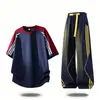 Camiseta de Manga Corta de Algodón Puro con Bloques de Color y Rayas, Estilo Americano de Marca de Moda Ins Verano Nuevo para Hombre, Camisa Deportiva Casual Fresca y Holgada