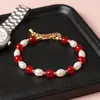 Pulsera apilable de ágata roja natural y perlas de agua dulce más vendida de Xiaohongshu para mujer, Pulsera de ágata roja de moda para el día a día