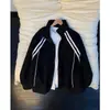 Moletom pesado com listras duplas pretas, unissex, jaqueta aberta da moda para primavera/outono, gola alta estilo americano, jaqueta de beisebol para casal