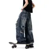 Jeans Rasgado Vintage Lavado Estilo Deserto para Homens e Mulheres, Design Americano de Verão, Calças Casuais de Perna Larga, Tendência
