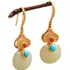 Pendientes de Calabaza de Plata de Ley con Incrustaciones de Oro Antiguo y Jade Hetian para Mujer, Estilo Chino, Pendientes Elegantes y Tradicionales, Venta al por Mayor