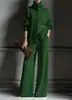 Conjunto de Tricô de 2 Peças Outono e Inverno Novo Europeu e Americano Transfronteiriço Cardigã de Gola Alta Cor Sólida com Manga Longa e Calça de Cintura Alta
