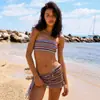 Biquíni Transfronteiriço Estilo Europeu e Americano Tomara-que-caia Peito Pequeno Retrô Listrado Conjunto de Biquíni de Três Peças Tomara-que-caia para Férias na Praia Moda Praia Feminina