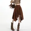 Falda Larga de Suede Color Marrón Maillard, Irregular, con Cinturón de Corbata, Adelgazante, Línea A, Otoño 2026 para Mujer