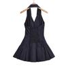 Vestido Corto de Estilo Americano para Chica Picante con Cuello Halter en V, Vestido Lencero Sexy sin Mangas con Espalda Descubierta, Vestido Corto de Línea A de Cintura Baja con Cintura Ceñida