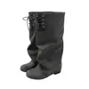 Botas de Caña Arrugada con Cordones de Tacón Grueso Largo Diseño de Nicho No por Encima de la Rodilla Retro Punta Redonda Adelgazantes Botas Altas