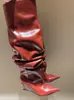 Botas de Punta Aguda con Tacón Cónico, Fruncidas y Holgadas, Botas Altas de Tacón Alto Adelgazantes en Tallas Grandes para Mujer, Botas de Primavera de Piel de Oveja