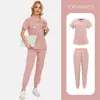 Traje de Cirugía para Mujer Uniforme de Enfermería para Hogar de Ancianos Salón de Belleza Clínica Dental Manga Corta Pantalón Largo Uniforme de Enfermera con Bordado