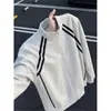 Sudadera con capucha de punto tipo cárdigan con cremallera y cuello alto deportivo retro americano para hombre y mujer, primavera y otoño, para pareja, holgada, con retazos de rayas, chaqueta moderna