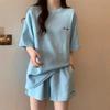 Traje de Letra Bordada Waffle para Mujer Verano Estudiante Deportes Moda Suelto Manga Corta Shorts Conjunto Pequeño de Dos Piezas