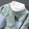 Outono e inverno novo 100% lã pura suéter masculino gola redonda colorblock jacquard suéter solto engrossado casual base de malha