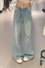 Jeans Feminino Estilo High Street Americano Garota Picante com Patchwork de Strass, Calça Fashion de Caimento Solto Estilo Preguiçoso Comprimento Total para Mulheres