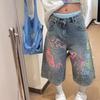 Pantalones Cortos de Mezclilla Estilo Graffiti Americano High Street para Hombres y Mujeres, Shorts de Pierna Ancha Rectos Sueltos de Moda para Verano, Shorts de Nuevo Estilo 2025