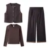 Conjunto de três peças estiloso para outono: blusa de manga comprida, colete e calça pantalona - roupas femininas da moda para mulheres de meia-idade e idosas