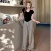 Pantalones Casuales de Caminar Rayados en Blanco y Negro Estilo Perezoso para Mujer Verano Delgados de Cintura Alta Holgados de Pierna Ancha Pantalones Rectos con Sentido de Dosificación