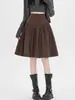 Saia Midi de Veludo Cotelê Cor Café com Bolinhas Estilo Retrô para Meninas Plus Size Outono Inverno Ligeiramente Cheinhas Afinando Linha A Cinco Pontos