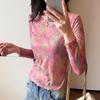 Camiseta de Manga Larga con Estampado Difuminado de Nuevo Estilo Otoño e Invierno para Mujer, Moderna y Única, Efecto Adelgazante, Estilo Occidental, Camiseta Interior de Alta Elasticidad, Tendencia