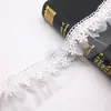 Cortina de Renda Vazada Semi-Transparente de Malha Branca com Acabamento em Renda Plissada Tridimensional com Contas e Borda Ondulada para Decoração de Janela