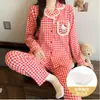 Pijama de dibujos animados estilo japonés para mujer, primavera y otoño, con copas en el pecho, cuadros de algodón nube, manga larga, pantalón largo, conjunto holgado para casa